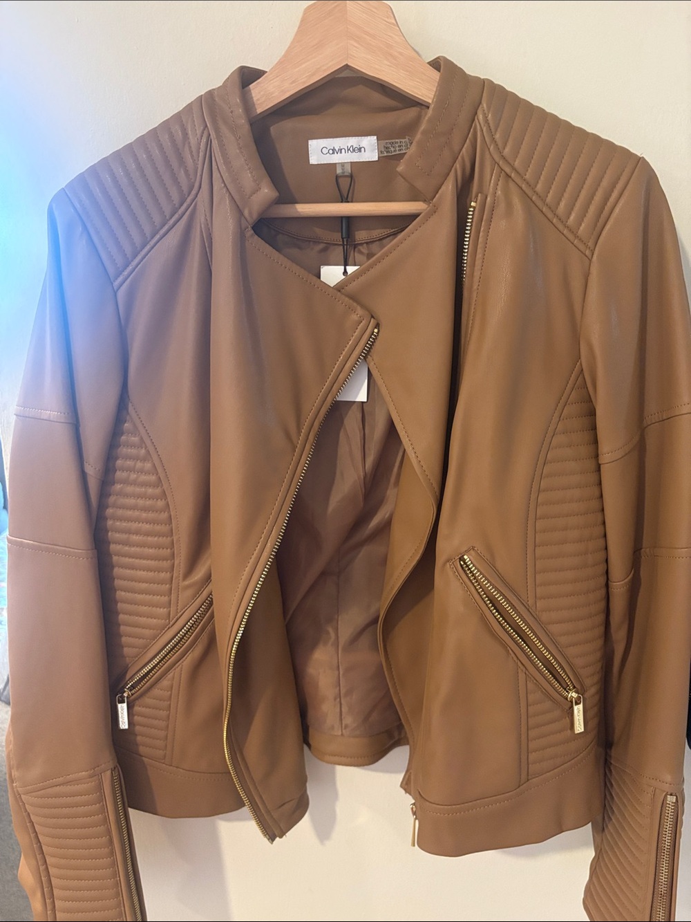 Calvin Klein Camel Brown Moto-Style Faux Leather Jacket